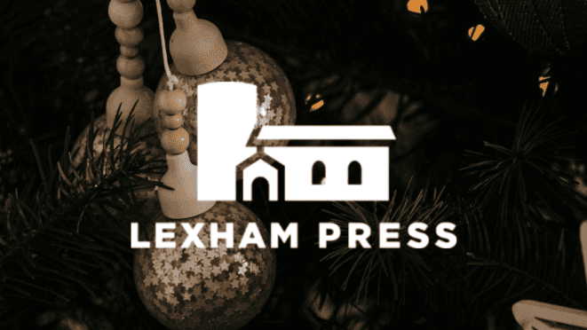 The Lexham logo in front of a Christmas tree branch with hanging ornaments
